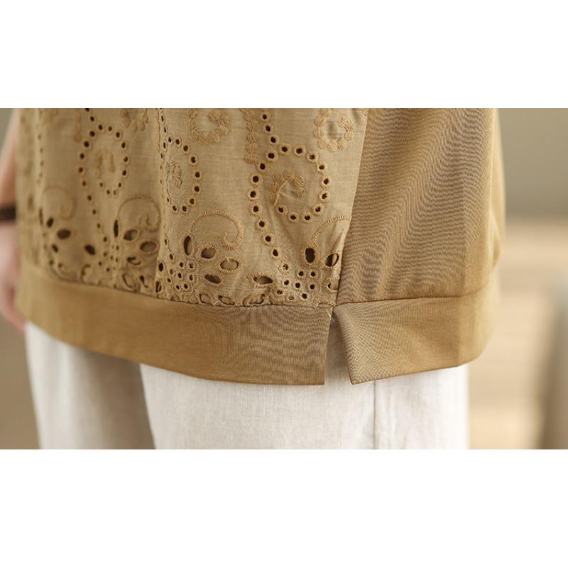 Dimanaf 2025 Summer Plus Size Tops Cotton T-Shirt Floral Hollow Women O-Neck Short Sleeve Loose Solid Tees