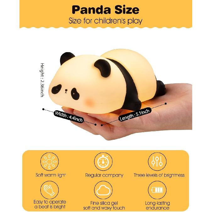 Recolte Panda Night Light for Kids - 3-Level Dimmable, Rechargeable LED Silicone Lamp | Squishy Nursery Light with Timer | Safe Night Light for Baby