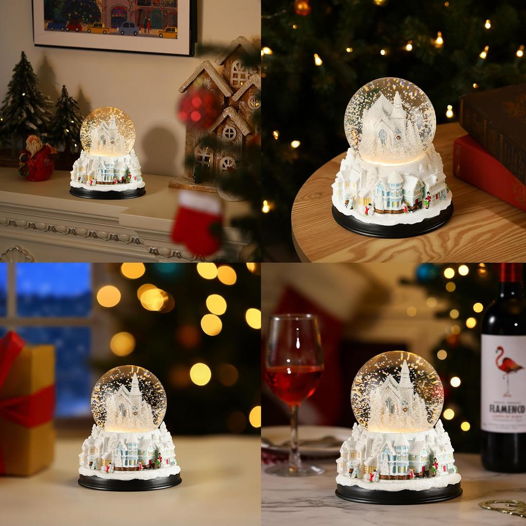 Lewondr Snow Globe with LED Christmas Home Winter Town Built-in Lights, Ornament, Decor,