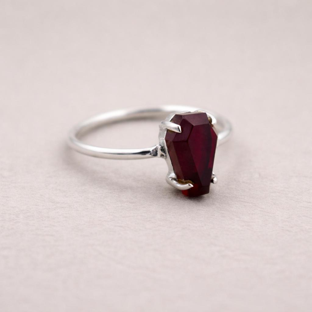 Garnet Coffin Ring in 925 Sterling Silver, Statement Gemstone Ring for Women, Gothic Boho Handmade Jewelry