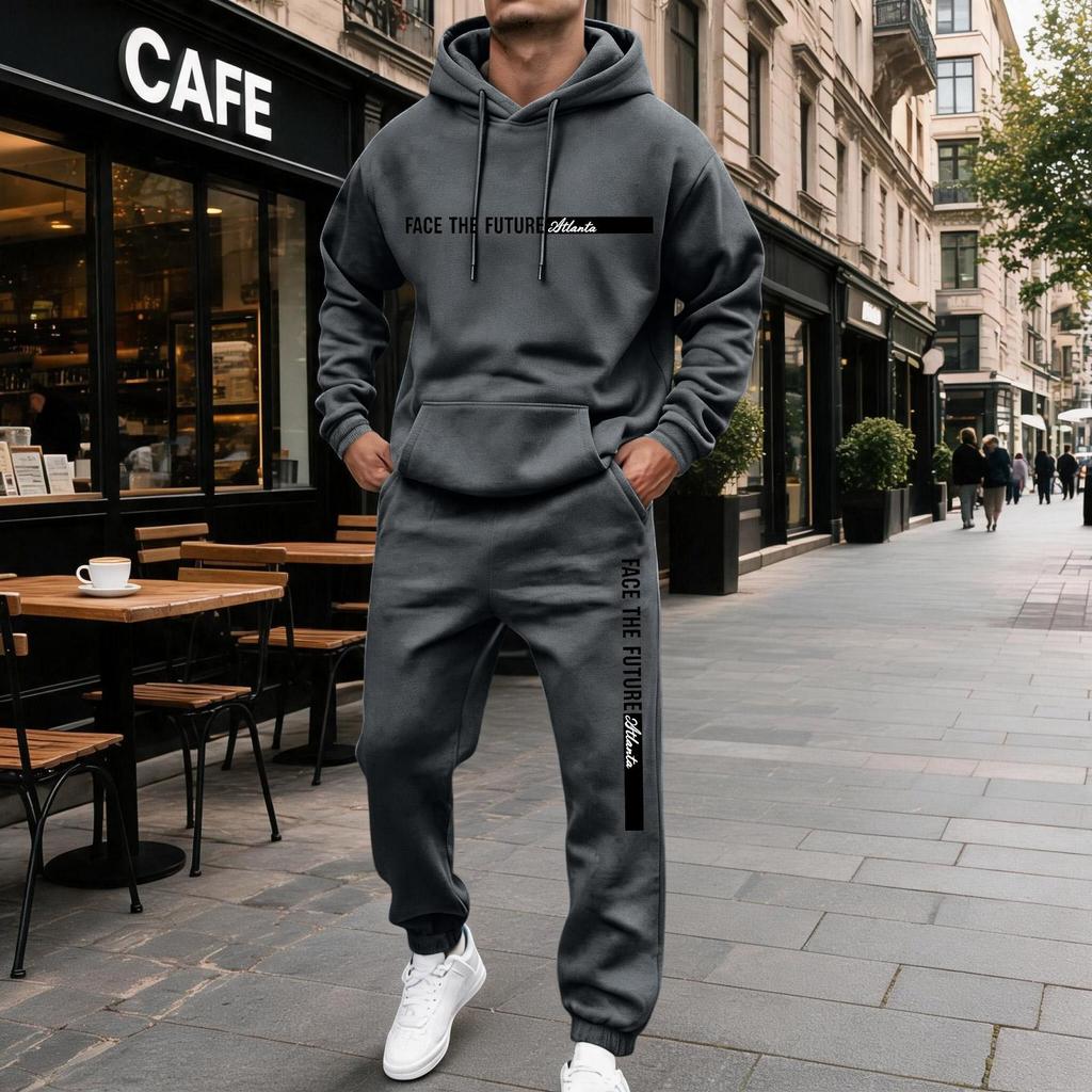 Men's Casual Letter Print Hooded Sweatshirt and Sweatpants Set, Lined 2 Piece Outfit