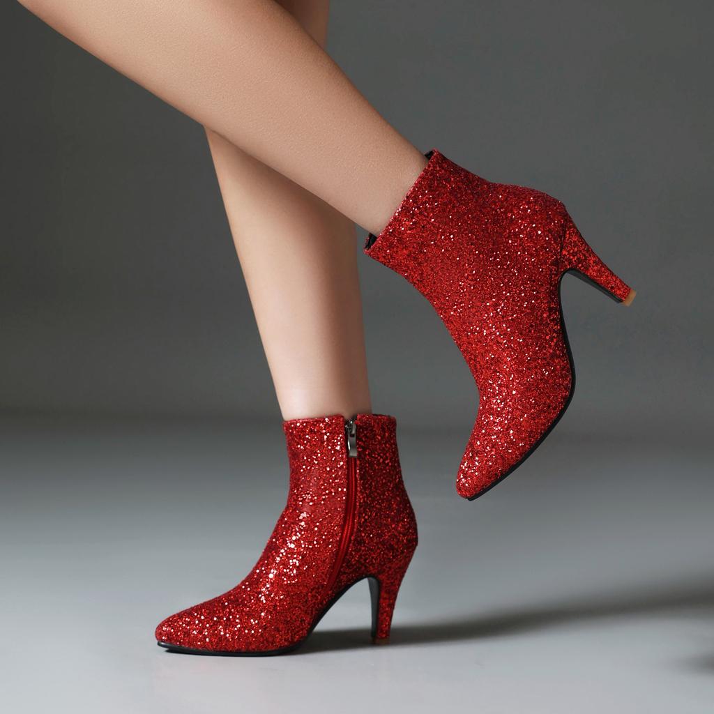 Bling Gold Silver Ankle Boots Women Leather Elegant High Heels Shoes Autumn Winter Handmade Zipper Focus Party Boots