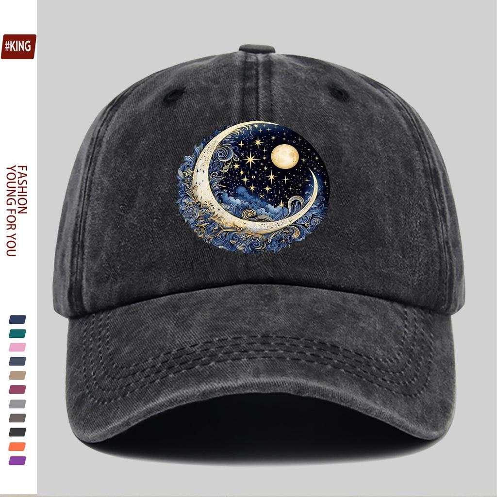 Celestial Moon Stars Baseball Cap Washed Denim Trucker Hat Adjustable Unisex Street Style Outdoor Cap