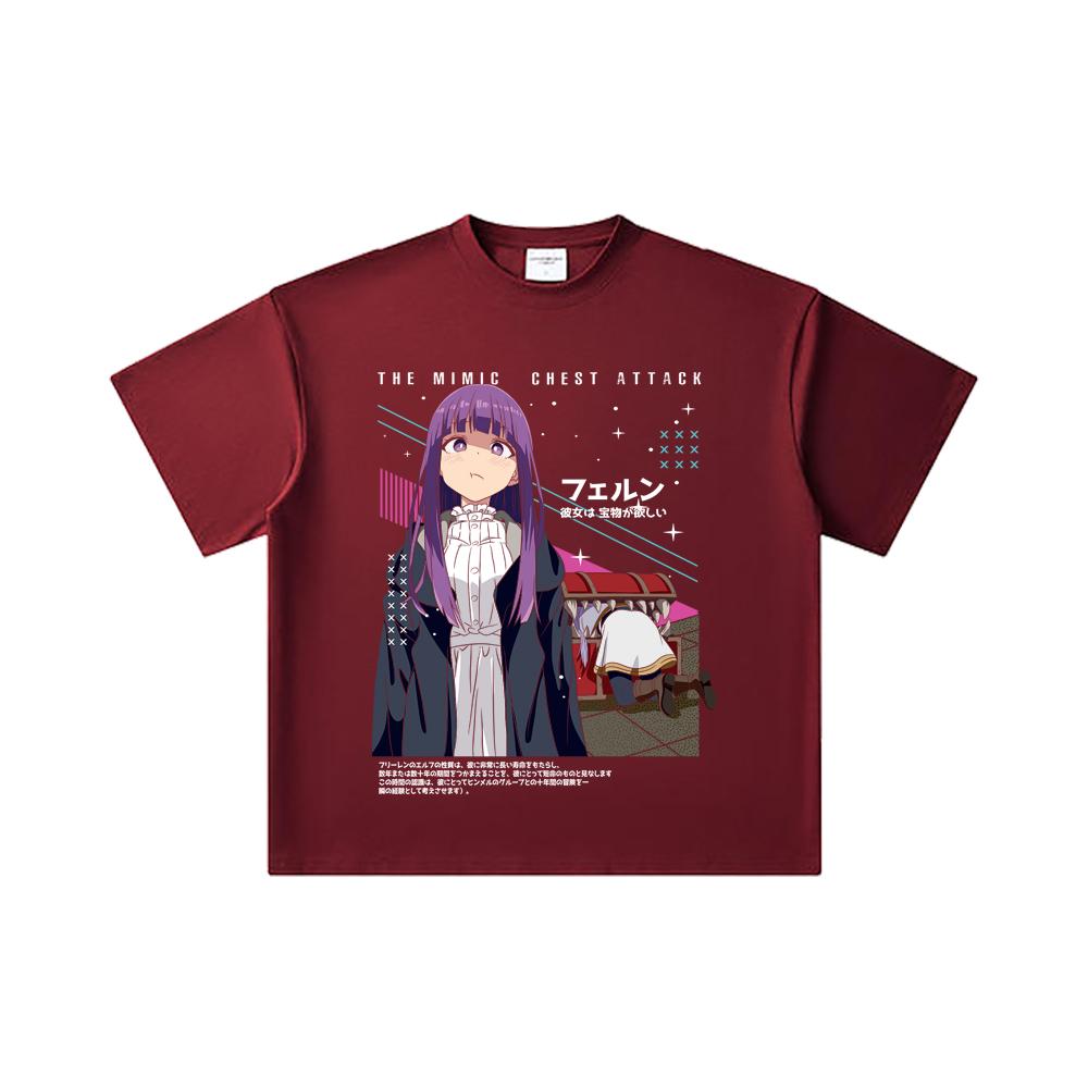 

260 GSM Double Yarn 32 Count 100% Cotton Frieren V2 Mimic Chest Attack Print Unisex Heavy Cotton T Shirt 2XL вина червоного кольору