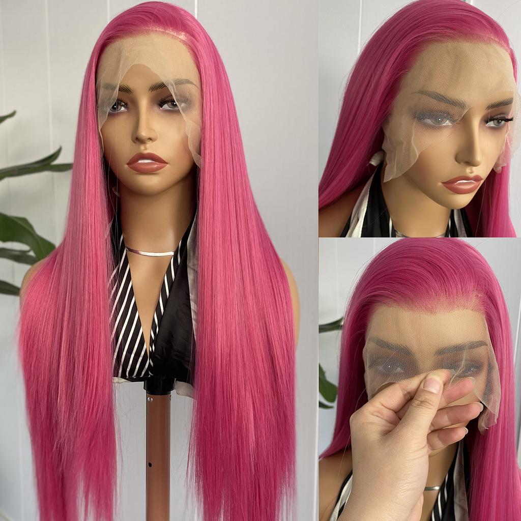 AIMEYA Light Pink Long Straight Wig Synthetic Hair Pink Lace Front Wigs Heat Resistant  Wig Silky Straight Pink Hair