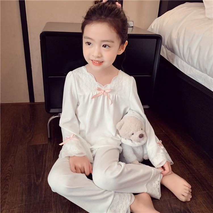 Mädchen Frühling Herbst Leichtes Langarm Pinkes Pyjama-Set mit Spitzenbesatz