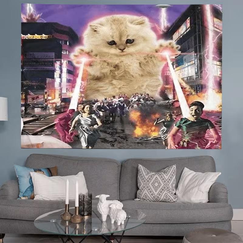 2D Kaiju Fluffy Cat City Disaster Print Wall Hanging
