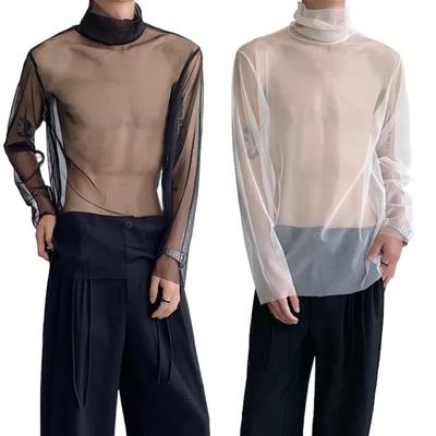 Streetwear Transparent T-shirt See-through Mesh Top Men Creative Long Sleeve T-shirt  Male
