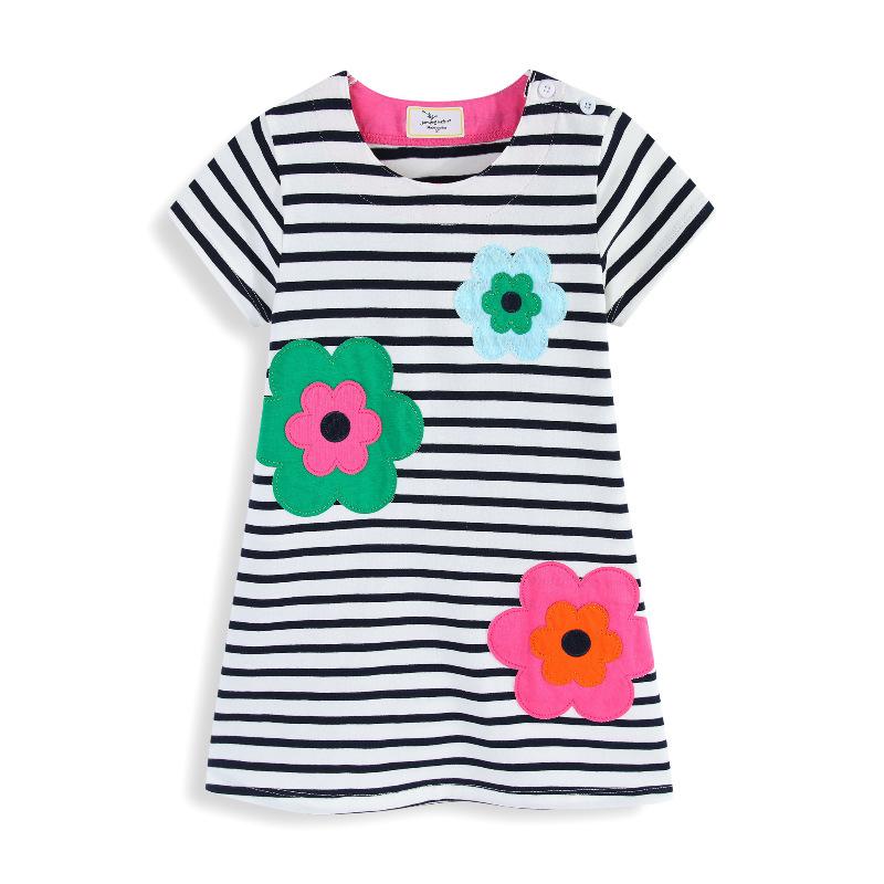 

European Style Girls Summer Dresses with Cartoon Embroidery, Off-the-Shoulder Striped Princess Skirts 5T (Height 100-110cm)