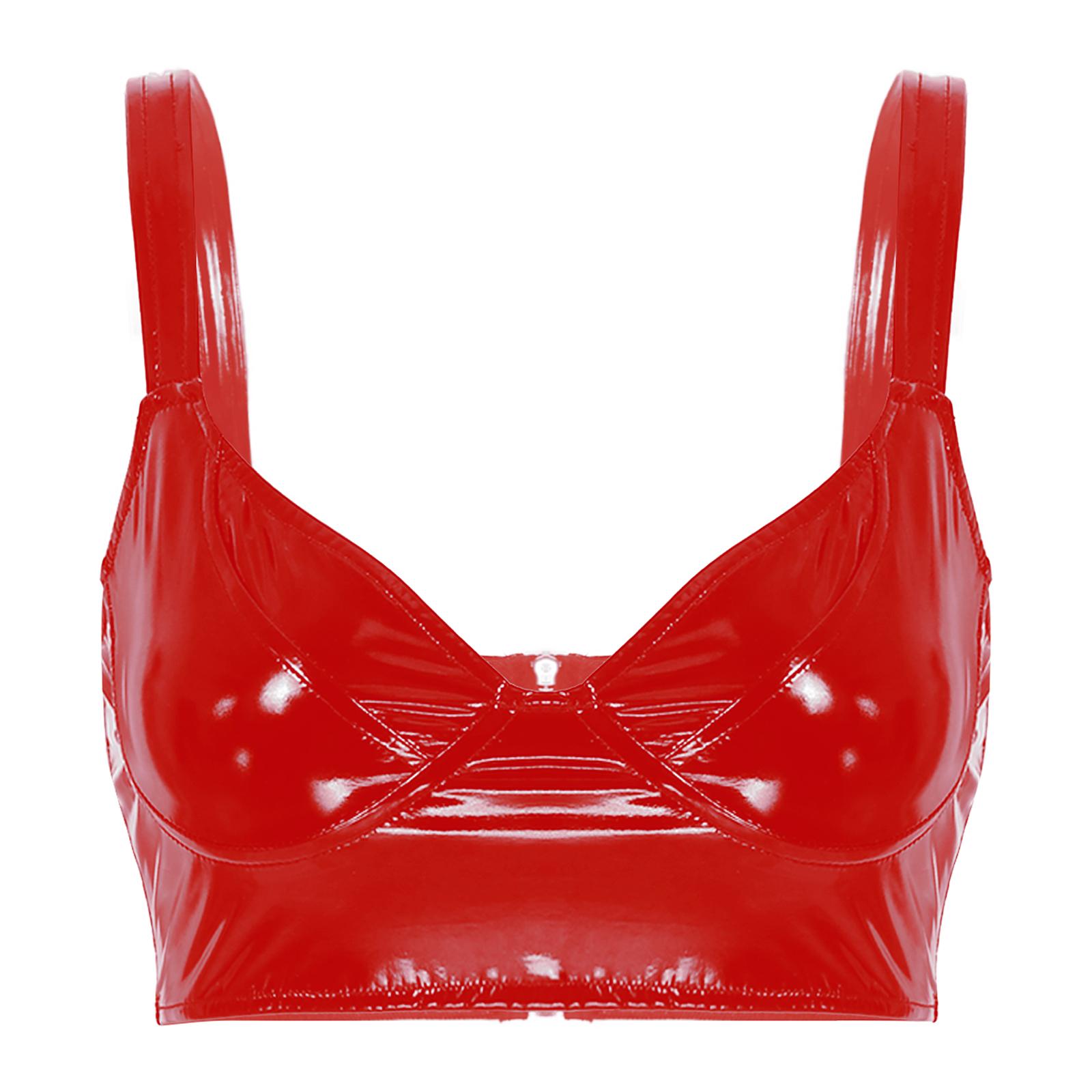

Жіночий бездротовий топ-бра з мокрим ефектом, майка на широких бретелях, кроп-топ з лакованої шкіри для клубного одягу M червоний