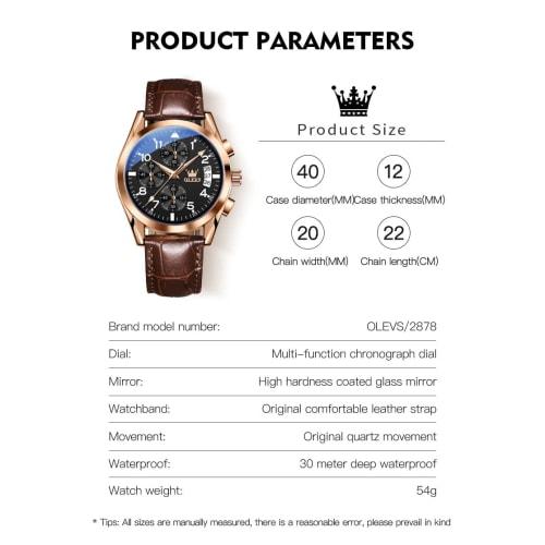 OLEVS Men's Business Waterproof Watch with Brown Leather Strap, Popular Wristwatch for Men, Easy-to-Read Clock, Date Display, Simple Quartz Movement,