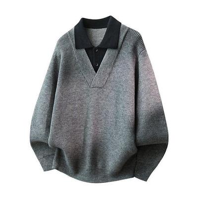 Men's Retro Two-Piece Polo Neck Winter Sweater: American Lazy Style, Loose Fit, Versatile Knit Casual Top for Couples.