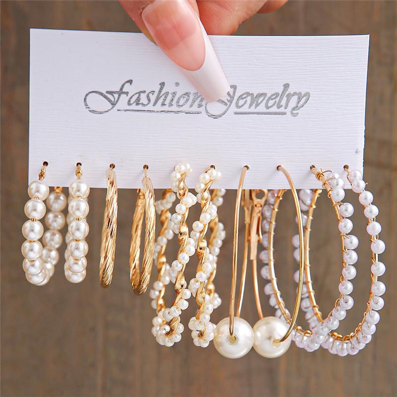 Modyle New Bohemian Female Pearl Earrings Set Punk Vintage Gold Color Geometric Drop Earrings for Women Fashion Jewelry