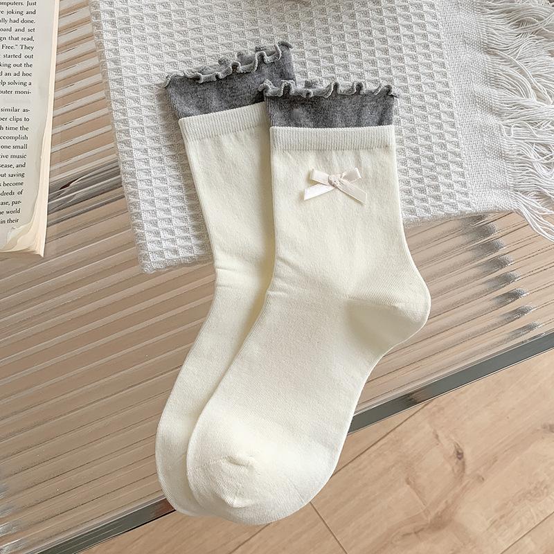 Women s Crew Length Cotton Lace-Up Bow Socks Breathable Seamless Thin Casual One size fits all белый