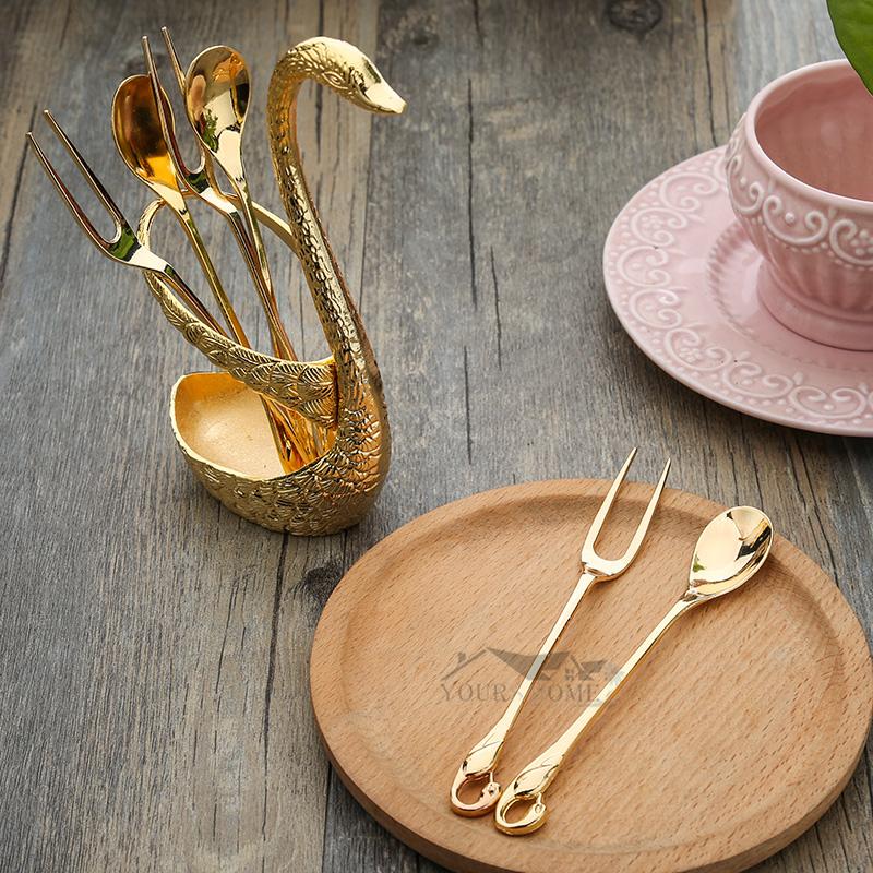 Swan Spoon Base Holder Fruit Forks Set Stainless Steel Salad Dessert Forks Spoon Coffee Cake Tools Tableware Barware