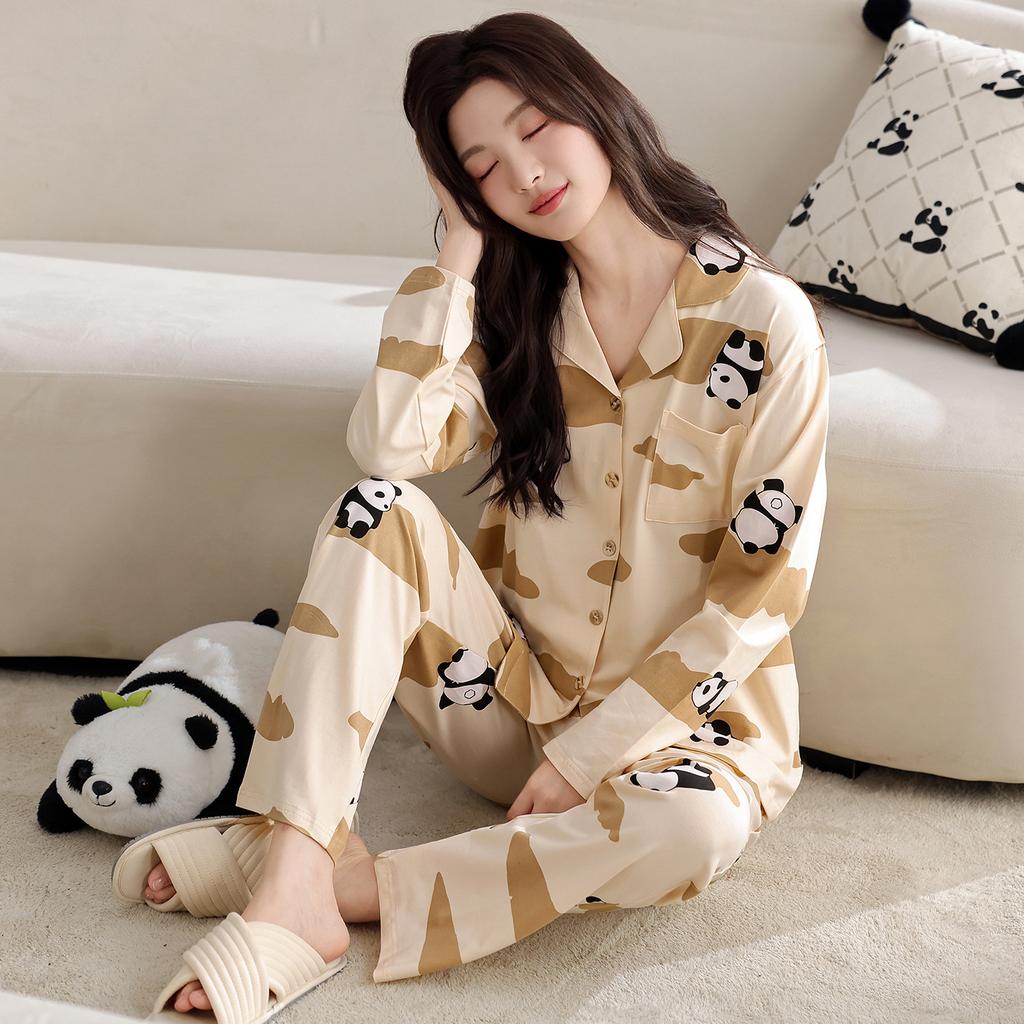 [Shopping Mall Quality] Pajamas Women's Pure Cotton Spring and Autumn Cute Black Bear Long-sleeved Trousers Loungewear Set