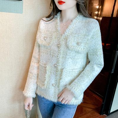 Jacke Damen Herbst Neuestes Französisches Design Grober V-Ausschnitt Entspannte Passform Langarm Top