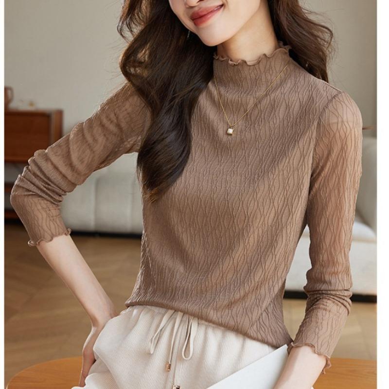 Undercover Shirt with Women's Lace Half High Collar Long Sleeved T-shirt Top for Autumn and Winter