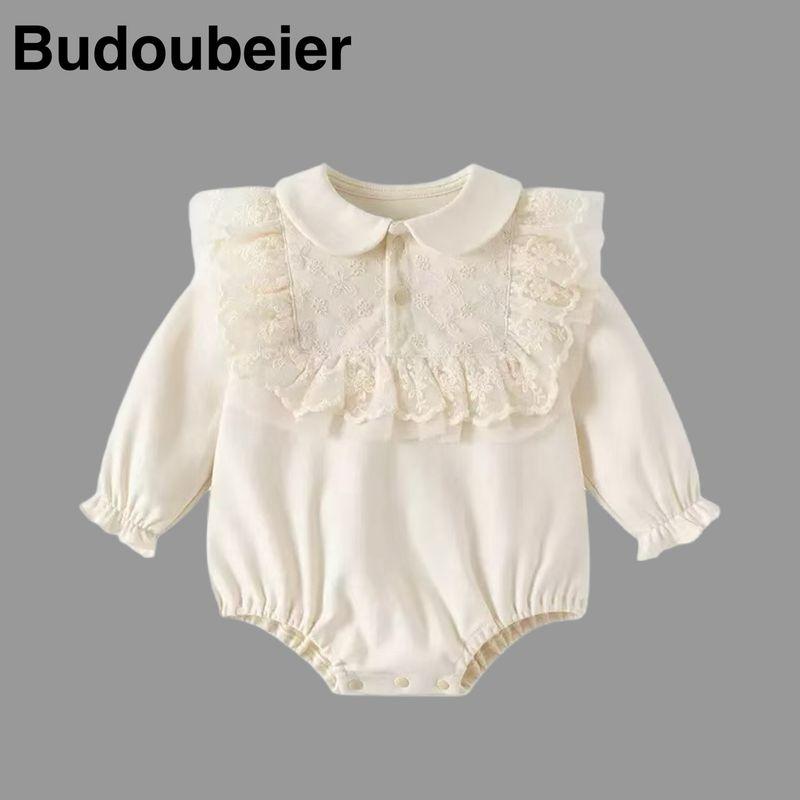 

British Baby Spring and Autumn Clothing, Baby Girl Jumpsuit, Princess Style, Cute and Stylish, Lace Full Moon One-Piece Romper Beige 90 cm