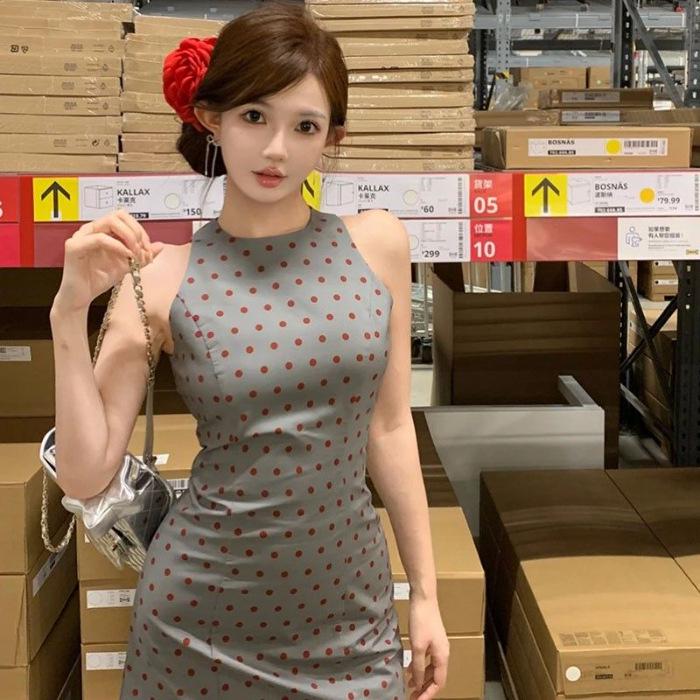 2025 French Style Polka Dot Sleeveless Bodycon Dress for Women 2XL