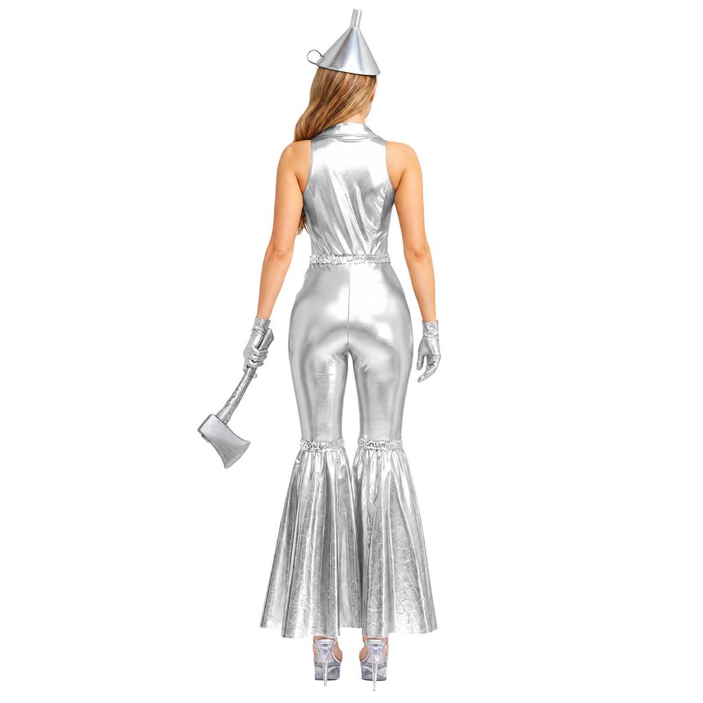 Women Tin Costume Halloween Jumpsuit Sequin Front Zipper Lapel V Neck Sleeveless Bell-bottom with Hat Axe Gloves Heart Clock Brooch for Themed Party
