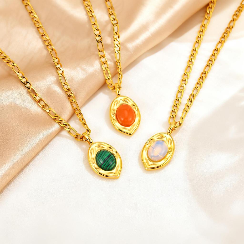 Foreign Trade Jewelry, Retro High-End Stainless Steel Natural Stone Pendant Necklace Female Nc-2534