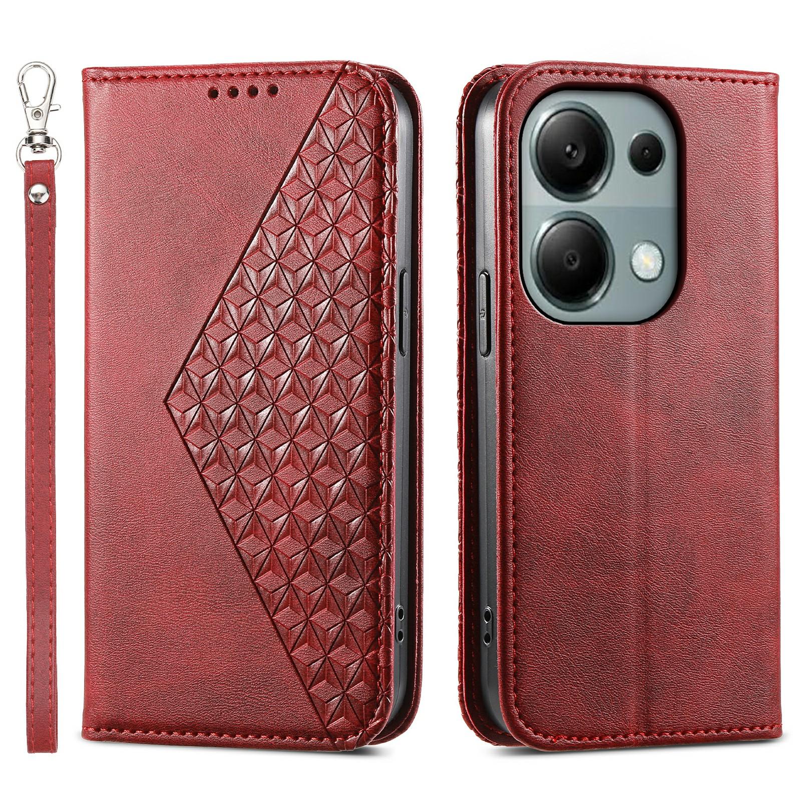 

For Xiaomi Redmi Note 13 Pro 4G Case PU Leather Rhombus Imprinted Pattern Wallet Phone Cover Red