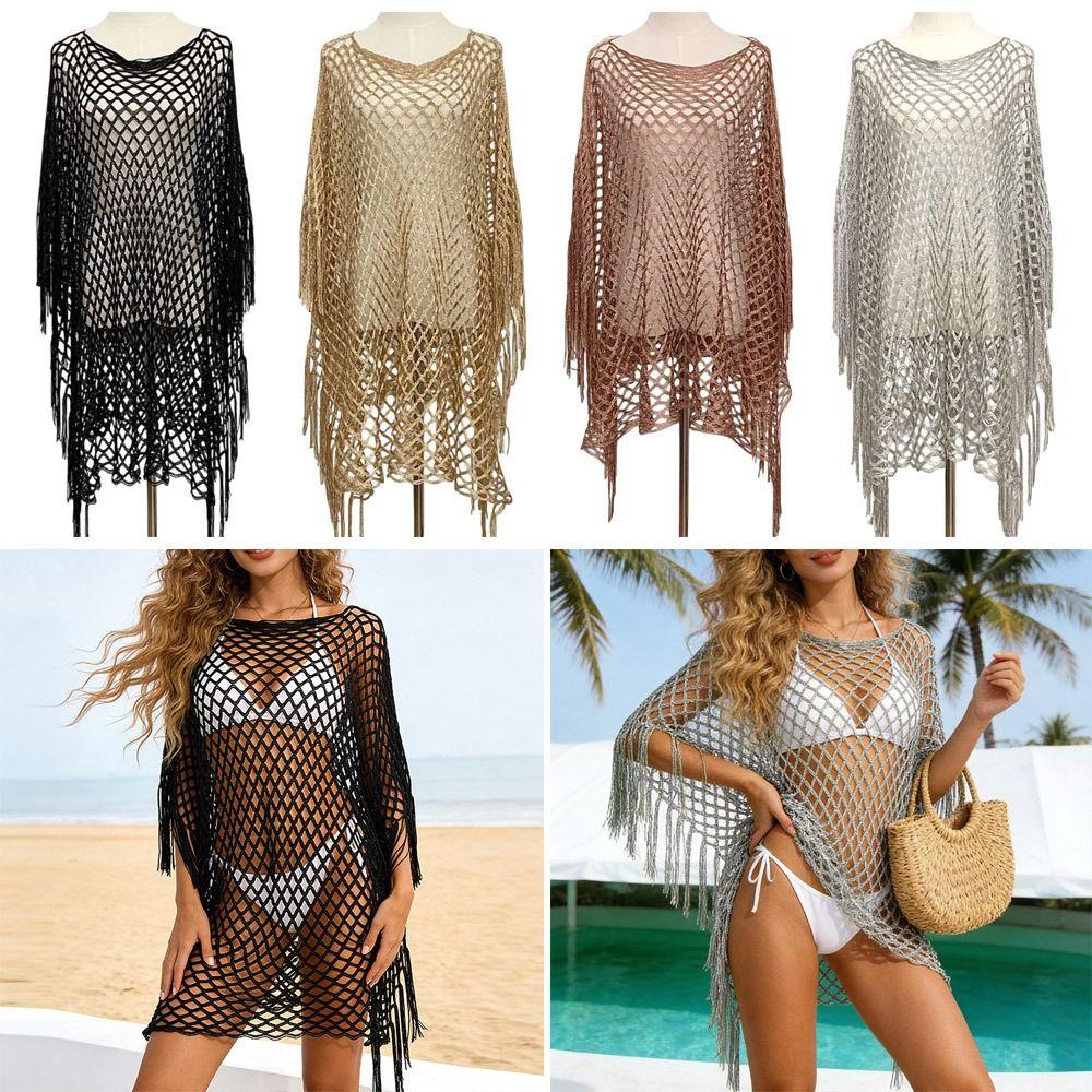 Gold Silver Wire Mesh Beach Towel Knitted Poncho Bohemian Style Cloak  Sun Protection