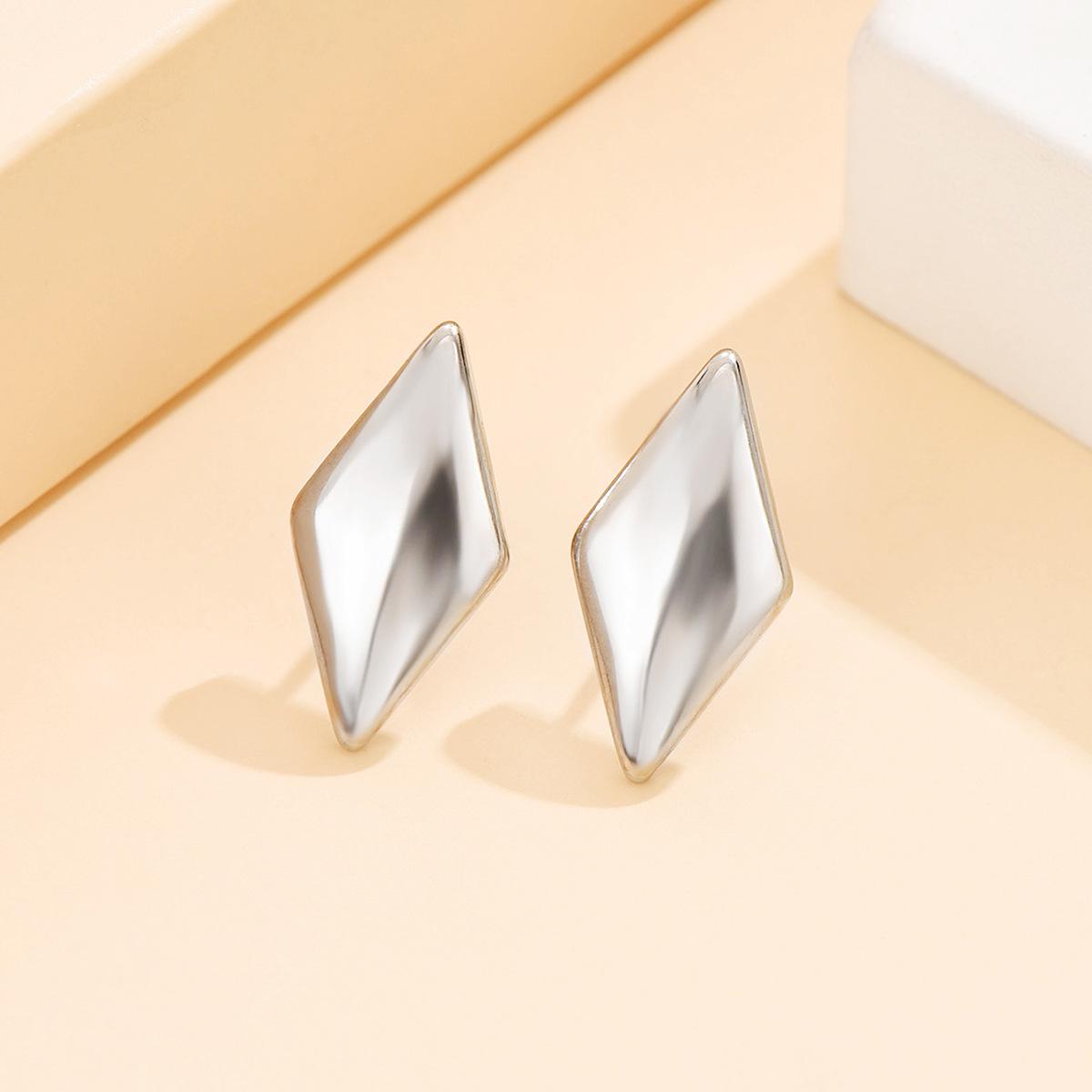 Trendy Geometric Rhombus Stainless Steel Earrings - Polished Metal Studs for Women