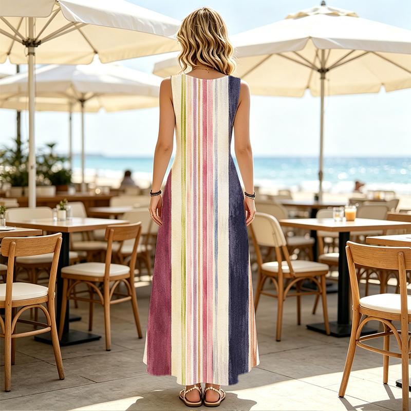 Women's Vibrant Striped Sleeveless Long Maxi Dress,Comfortable Summer Casual Versatile Dress for Beach Vacation & Daily Wear