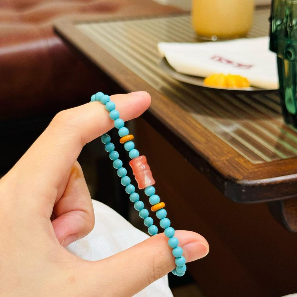 Minimalist Chinese Olive Pit & Turquoise Buddhist Beaded Bracelet – Versatile Literary Jewelry
