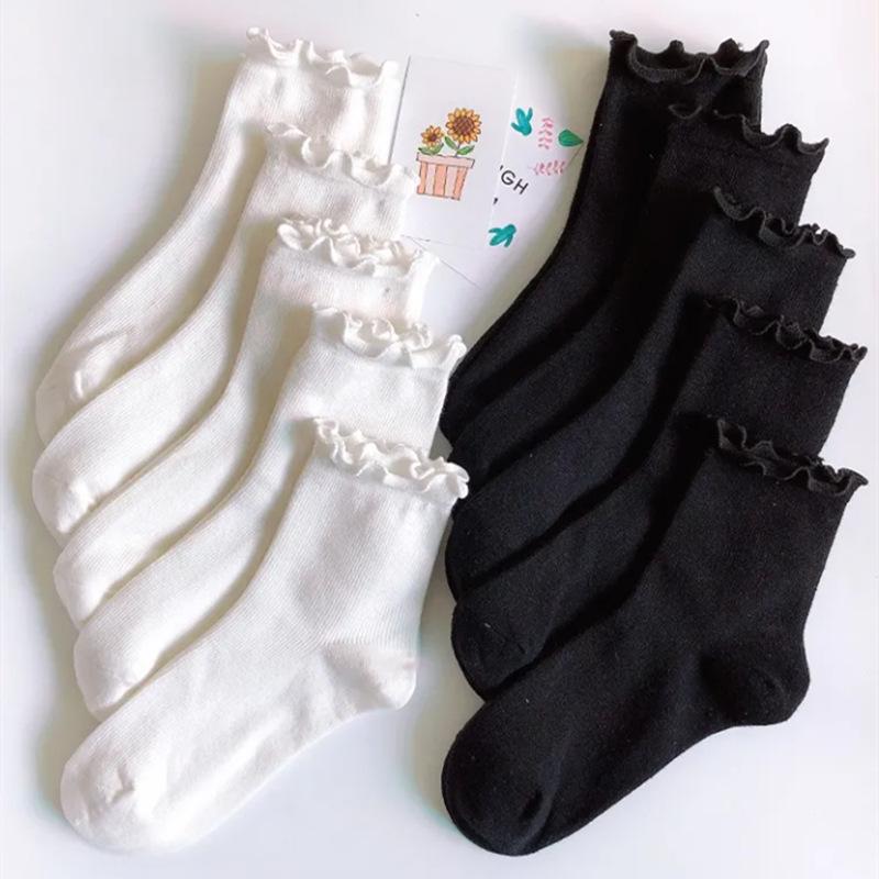 Ruffle Socks Women White Black Frilly Lolita Style Japanese Maiden Cute Kawaii Cotton Harajuku Princess Crew Socks