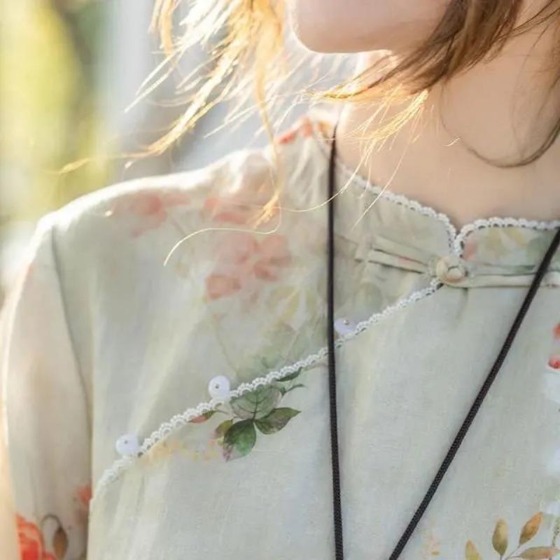 Women's Casual Cheongsam Collar Print Loose A Line Long Dress