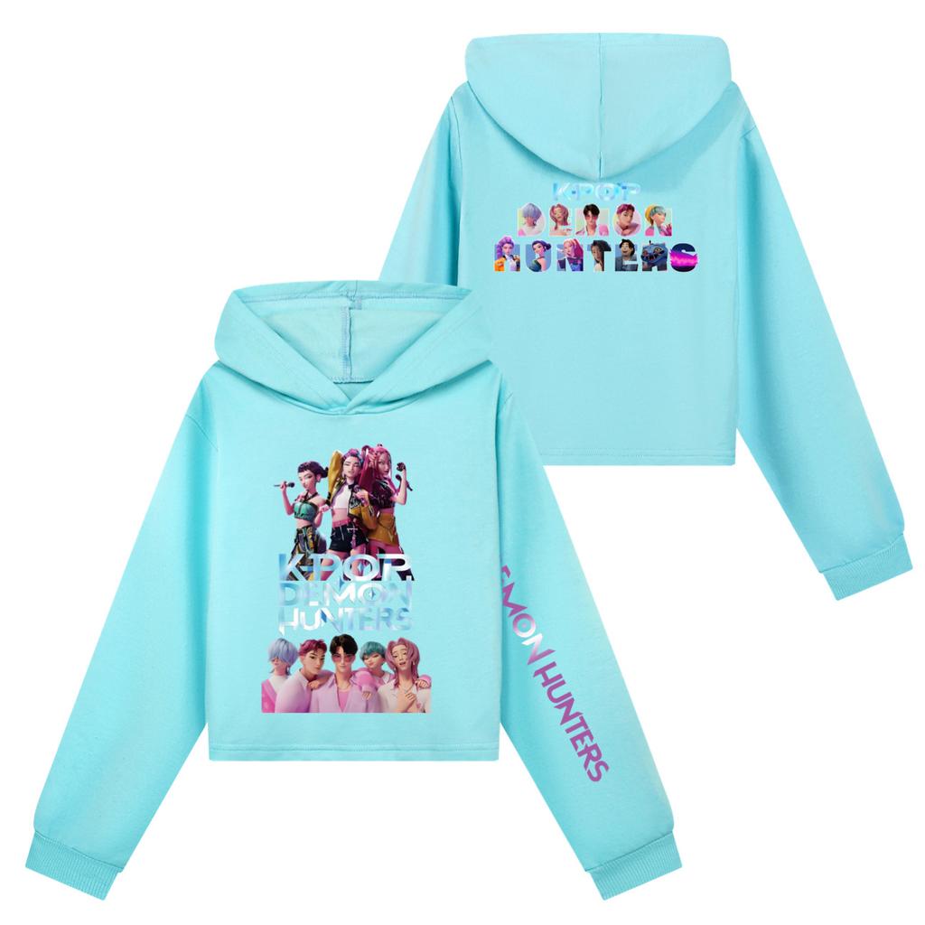 Girls Clothing Sets Kpop Witch Hunt Girls' Half Waist Short Hoodie Single and Double Sleeve Printed Casual Set