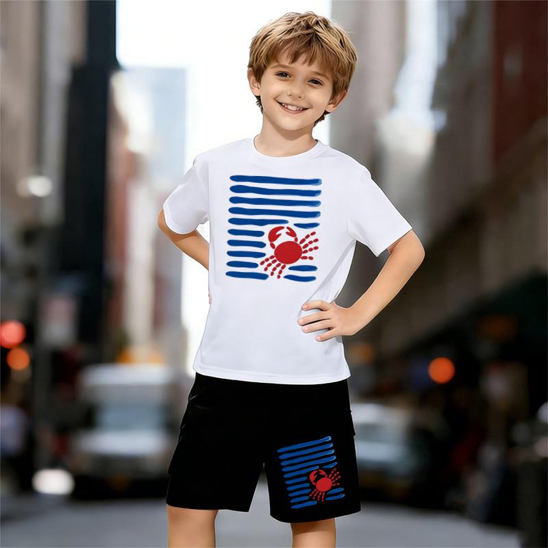 

Boys 2 Piece Lobster pattern print Outfit, Short Sleeve T-Shirt and Shorts Set for Kids Age 5-14, Black and White Sporty Casual Summer Clothes 13-14 Years білий