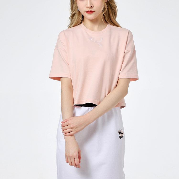 Puma T-shirt d'entraînement de course à pied couleur unie col rond manches courtes pour femmes Tops Rose 845965-27