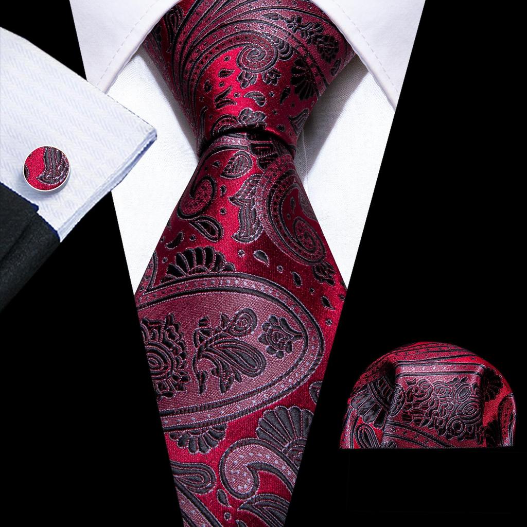 Barry.Wang Necktie Hankerchief Cufflinks Set Black Paisley Jacquard Woven Wedding
