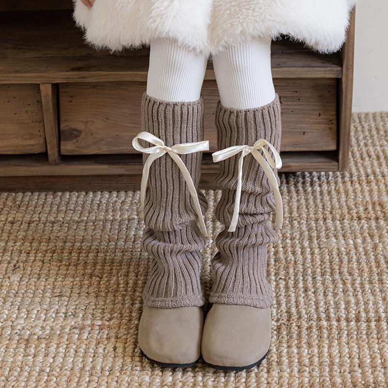 Kids Leg Warmers INS Fashion Solid Color Knitted Boot Cuff with Bow Winter Warm Leg Warmers for Girls Retro Over The Knee Socks