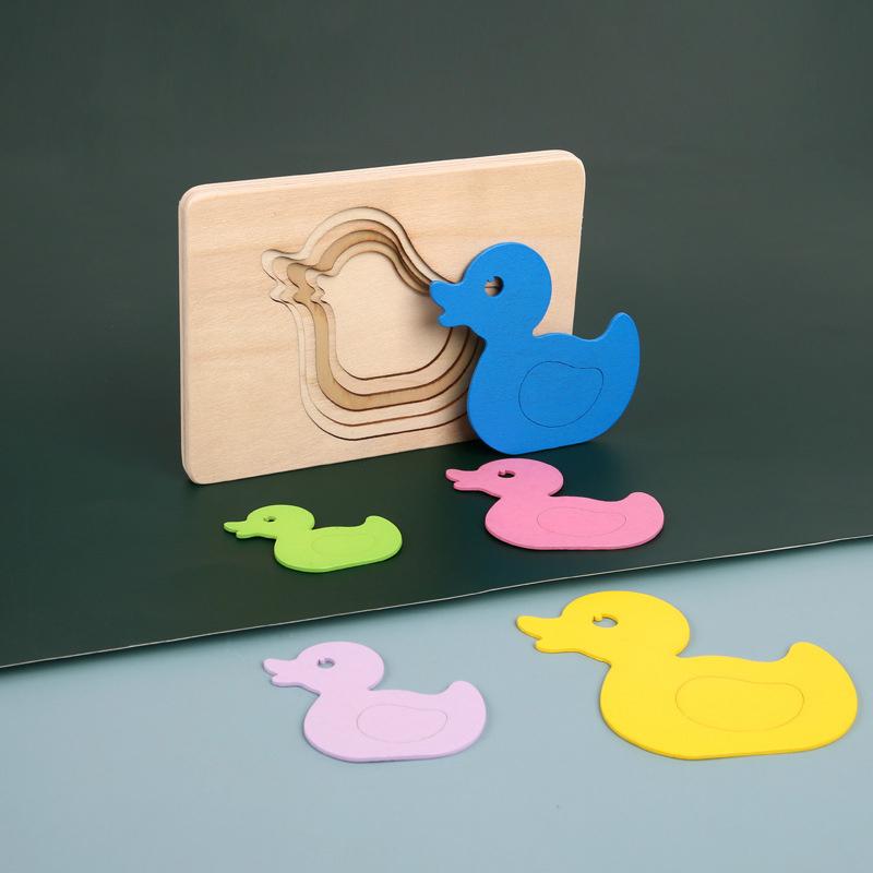 Montessori Panel Animal Puzzle Toy Wooden 3D Multilayer Gradient Color Elephant Duck Puzzle Early Learning Color Cognitive Panel