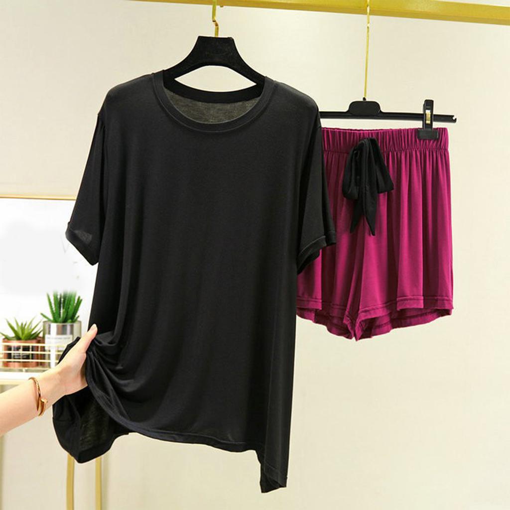 Women's Loose Casual Round Neck Short Sleeved T-shirt Shorts Set Solid Color Pajamas