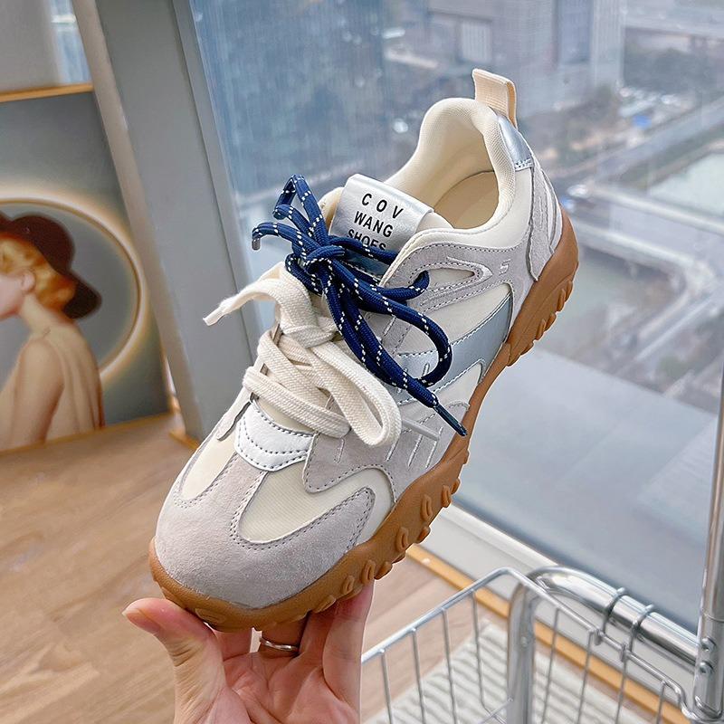 Leather Platform Women's Autumn New Color Matching Double Shoelaces Sports Dad Shoes Casual Women