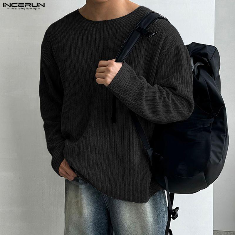 INCERUN Spring Men Long Sleeve Casual Loose Rib Pullover T-shirts Tops