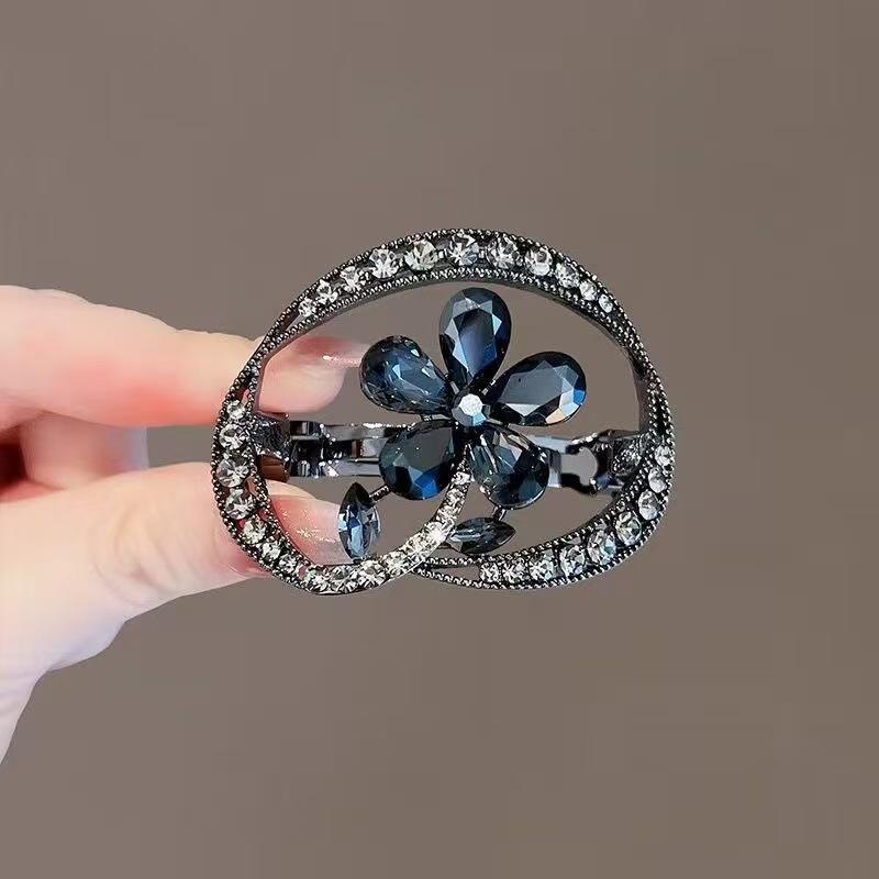 Elegant Retro Black Obsidian Rhinestone Flower Hair Clip for Women