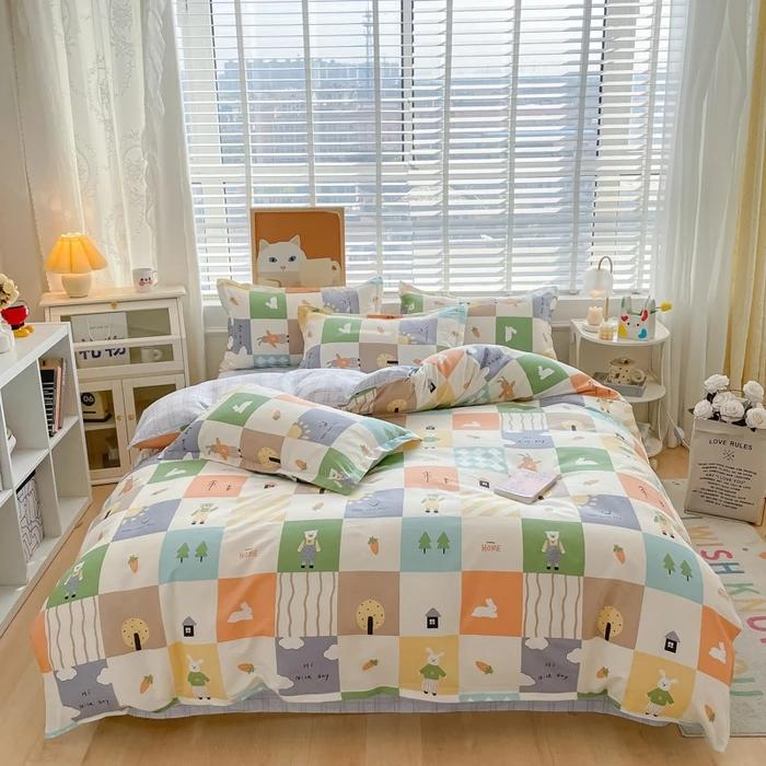 small fresh pure cotton abraded four-piece set, skin-friendly bed sheet washed cotton quilt cover, dormitory three-piece set