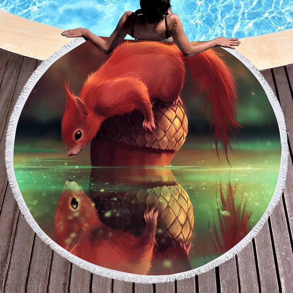 Cute Squirrel Round Beach Towel with Tassels Microfiber Beach Blanket Absorbent Sandproof Circle Bath Towel Meditation Yoga Mat