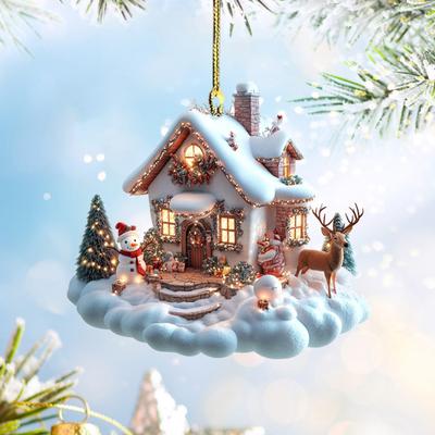 Snow Village House Ornament Rustic Log Cabin Hanging Ornament 2D Acrylic Cottage with Snow Scene for Winter Wonderland Xmas Tree Decor