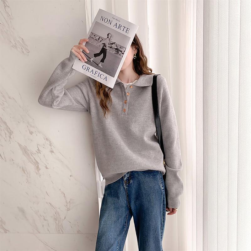 Women's Casual Lapel Half-Placket Pullover Sweater