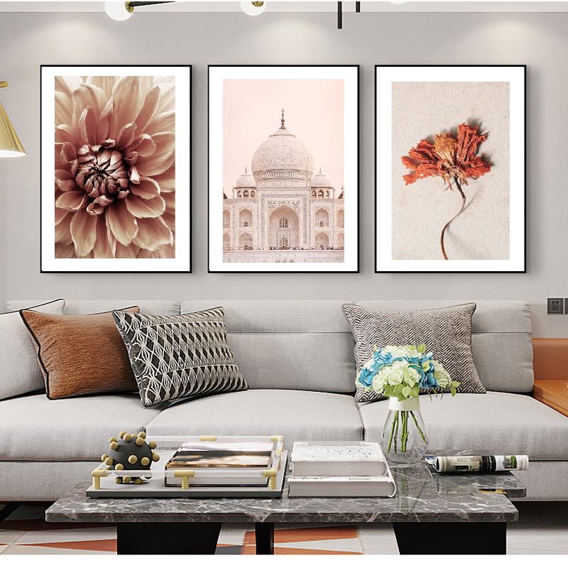 Nordic Golden Palm Leaf Taj Mahal Poster Beige Dahlia Vase Picture Canvas Art Wall Picture Painting For Living Room Home Decor