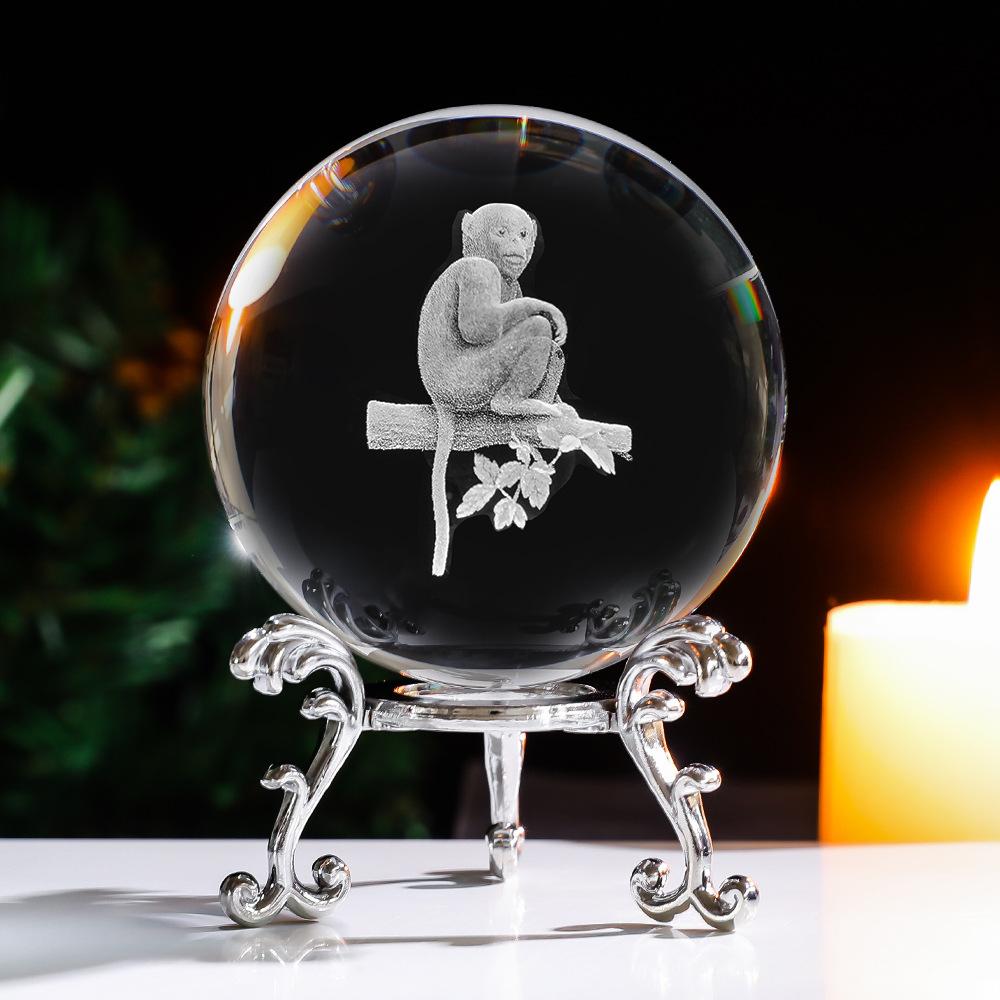 60mm 3D Crystal Ball Laser Engraved Glass Ornaments Animal Figurine Collectibles Paperweight Home Art Decor with Stand