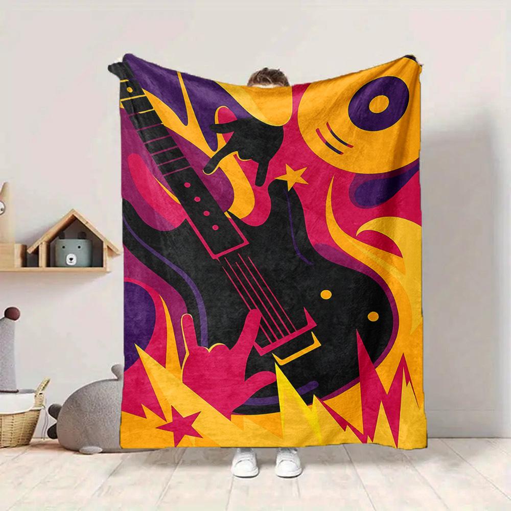 1pc Guitar Music Print Blanket - Lightweight Flannel Throw Blanket For Sofa, Bed, Living Room, Office, Outdoor Travel, Camping, Soft All-Season074